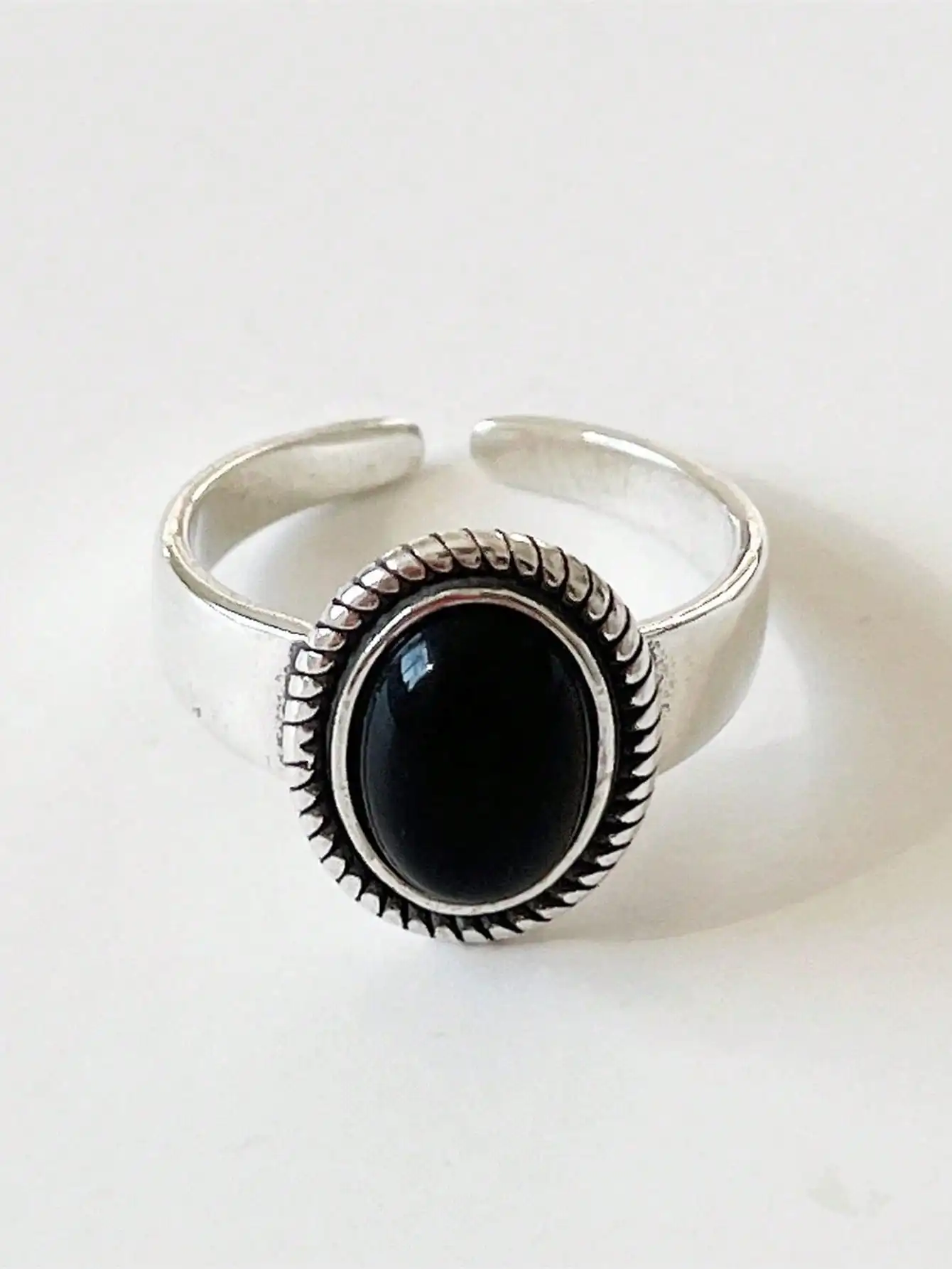 

Real 100% 925 Sterling Silver Retro vintage Ellipse Black Onyx Open Rings For Women Party Fine Jewelry