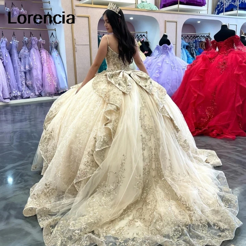 فستان Quinceanera بلون الشمبانيا الخفيف المخصص فستان حفلة ترتر مزين بالدانتيل مطرز بالخرز مشد حلو 16 فيستدوس دي 15 أنيو YQD813