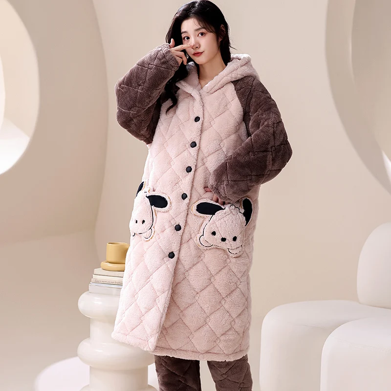 Winter 2 Pieces Set Thickened Cotton Clip Robe+Pant Women Long Sleeve Comfortable Soft Pyjamas Loose Female Bathrobe With Hooded