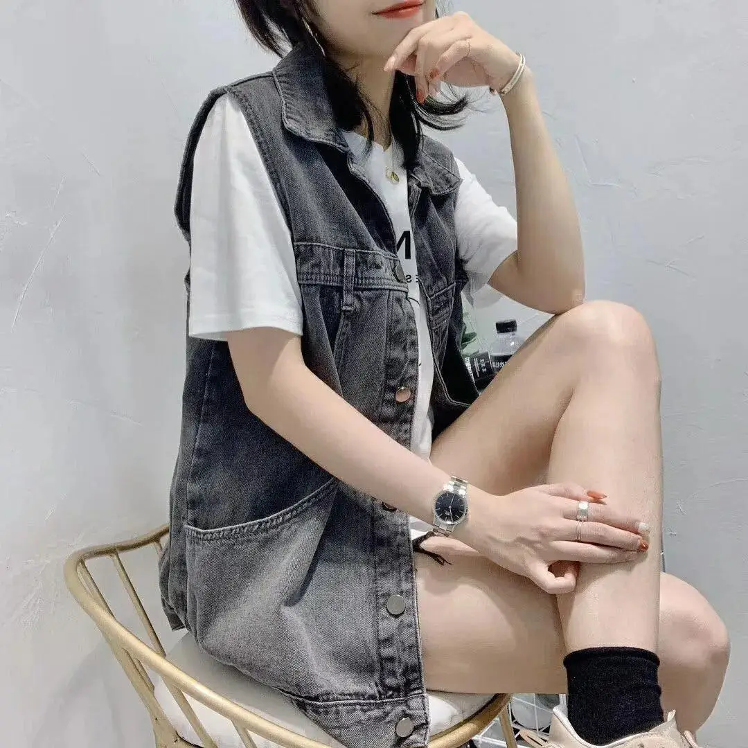 Faionable Mid-Length Denim Vest Women's Outerwear Svel Mom Sle Trendy  Collar Single Button Closure Cotton 