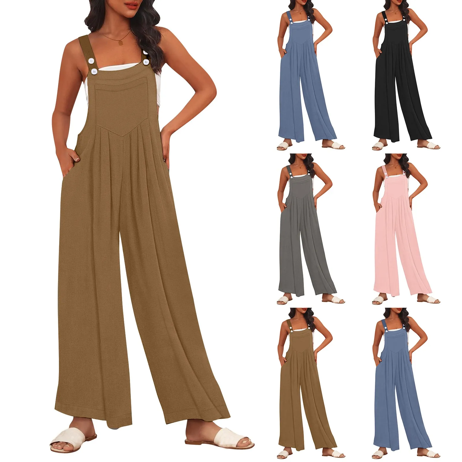 Tute da donna estate Casual tinta unita tute larghe larghe con tasche tute con tracolla regolabile con bottoni