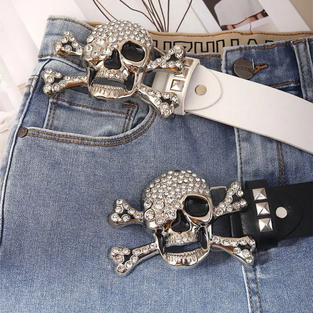 

Vintage Rhinestone Skull Wide Waistband Adjustable Y2K Black Rivet Belt PU Leather Alloy Skeleton Belt Trouser Decoration