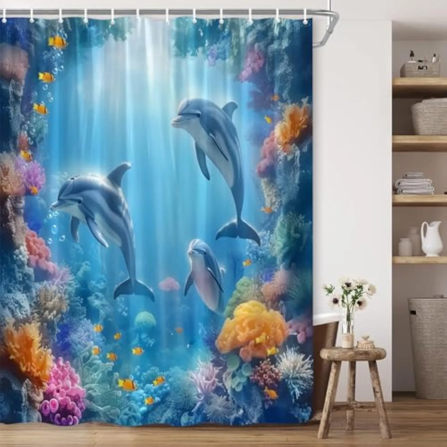 Dolphin Shower Curtain Blue Ocean Animal Tropical Fish Coral Underwater Reefs Seabed Marine Sunlight Penetrates Sea Beach