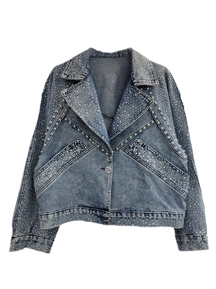 DEAT Vintage Fashion Women's Patchwork Design Design Loose Denim Coat 2024 Autumn Trendy Single Breasted Jacket Female 11A0676