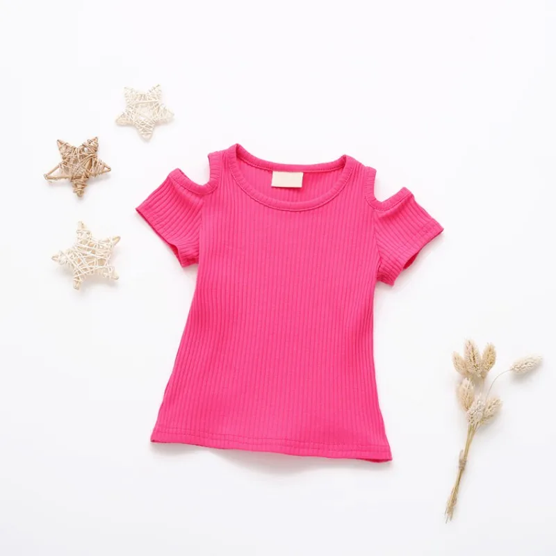 Summer New Children Girls Clothes Cotton Short Sleeve O-Neck Solid Elastic Shirt Off-Shoulder Cute Kids Baby Girl T-Shirt