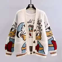 Disney Donald Duck Cartoon Spring and Autumn Jacquard Sweater Women's Loose Knitted Cardigan Japanese Casual Top Gift for Girls