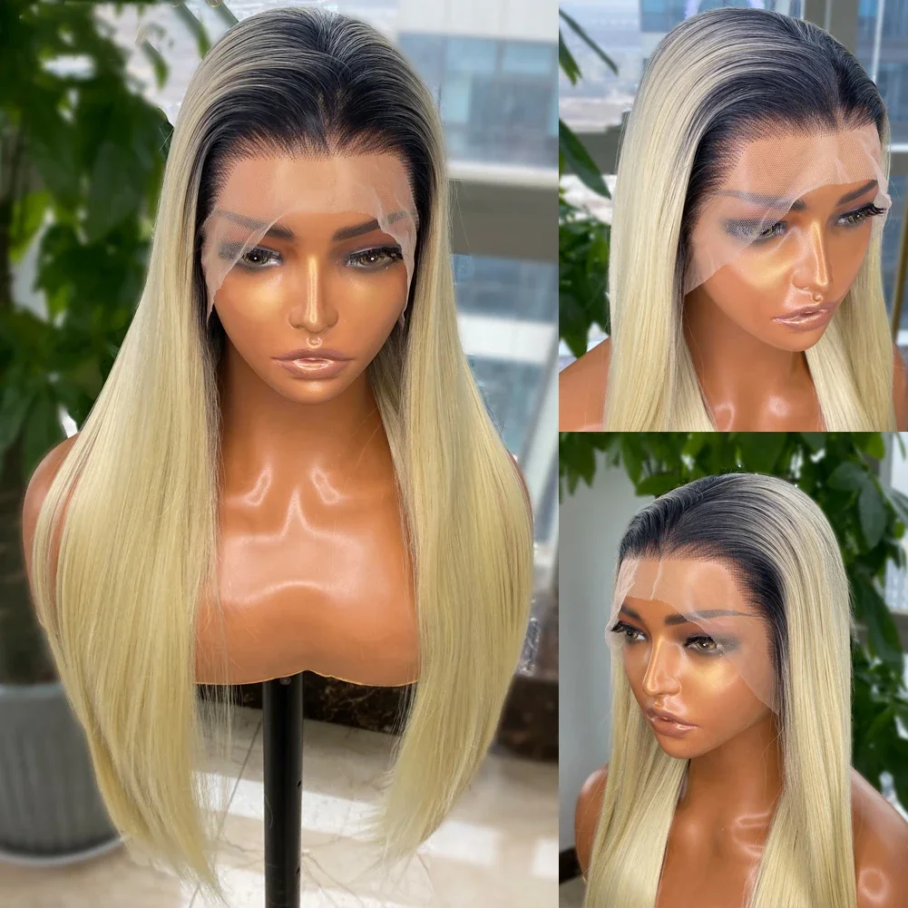 Weiche natürliche 26 Zoll 180 Dichte lange Ombre blonde gerade Spitze Front Perücke für Frauen Babyhair vor gezupft tägliche leimlose Mode