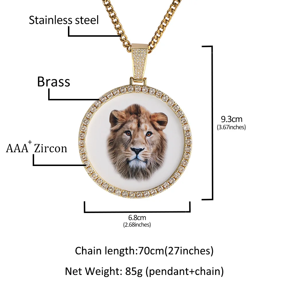 UWIN 6.8cm Oversize Large Round Custom Photo Pendant Iced Out CZ Hiphop Jewelry Necklace Engrave Name Memory Gifts