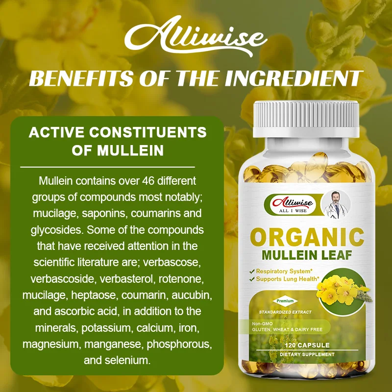 Alliwise Herbal Plant Mullein Capsules Clean the Lungs Protect the Respiratory System Clear Heat Mucous Membranes Lung Cleanse