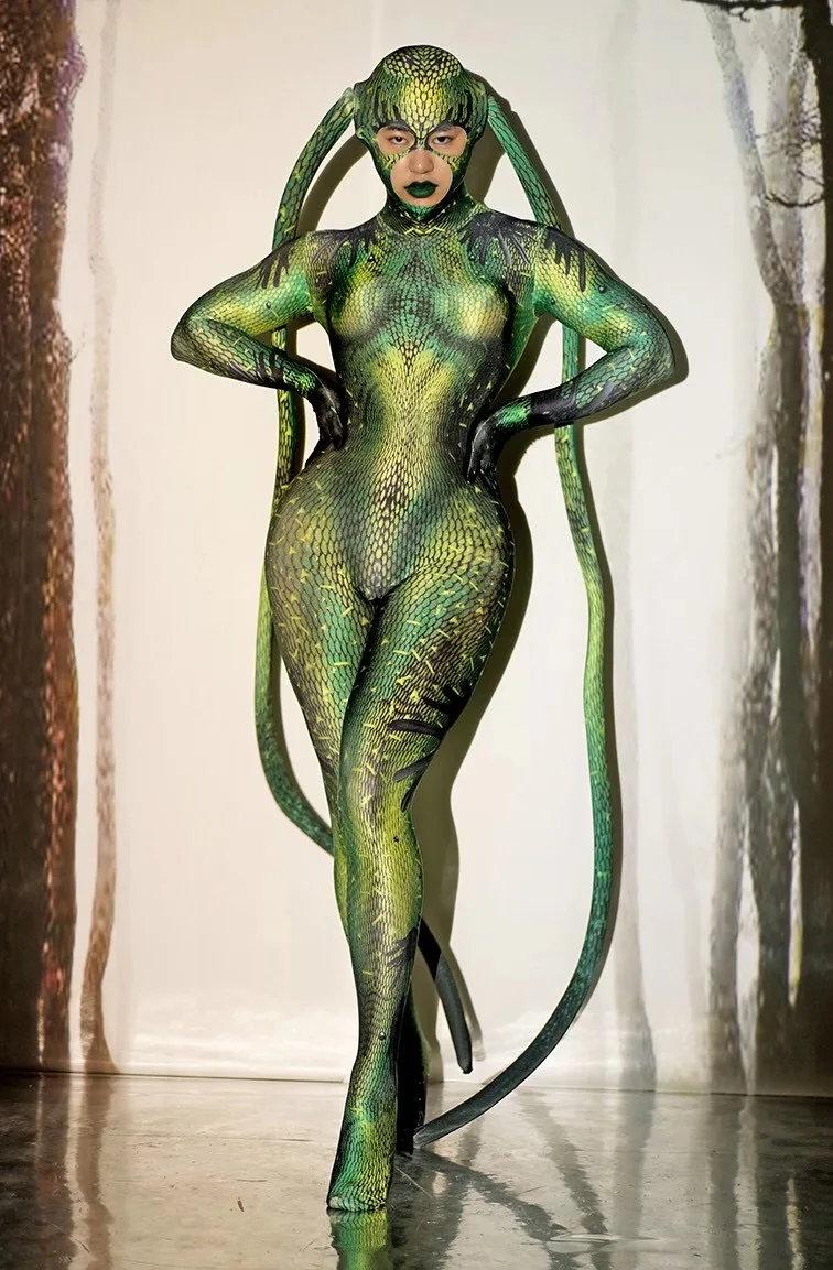 Halloween Rave Party Role playing Stage Clothes Green bodysuit snake Spandex Stretch Skinny Jumpsuit Men Women play Costume