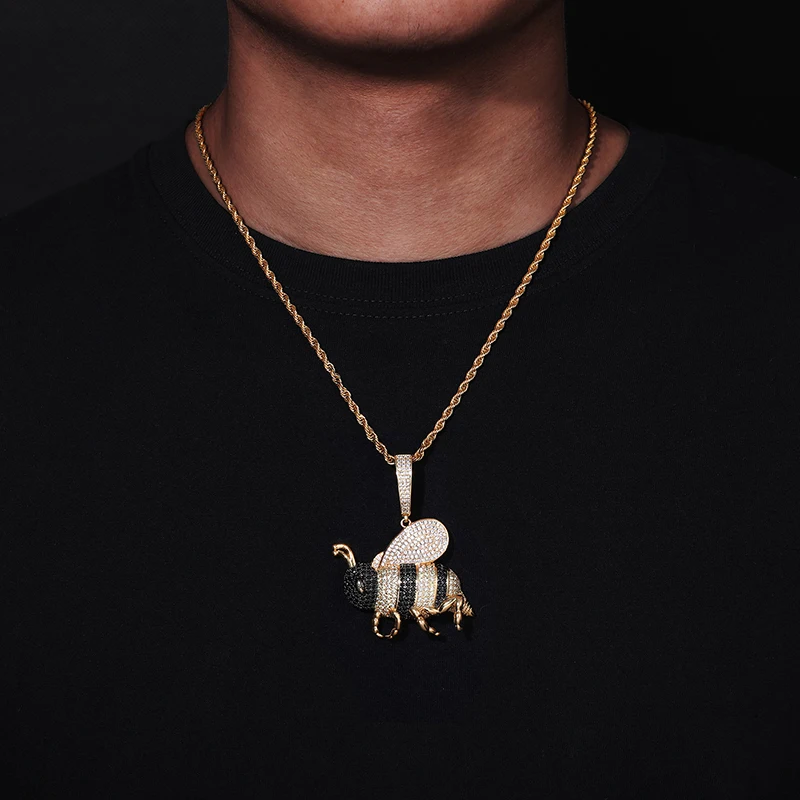 

Ожерелье с подвесками в виде пчел из хип-хоп коллекции 5A+ с камнями CZ, инкрустированными в стиле Bling Lced Out, для мужчин, украшение в стиле рэпера, цвета розовое золото и серебро.