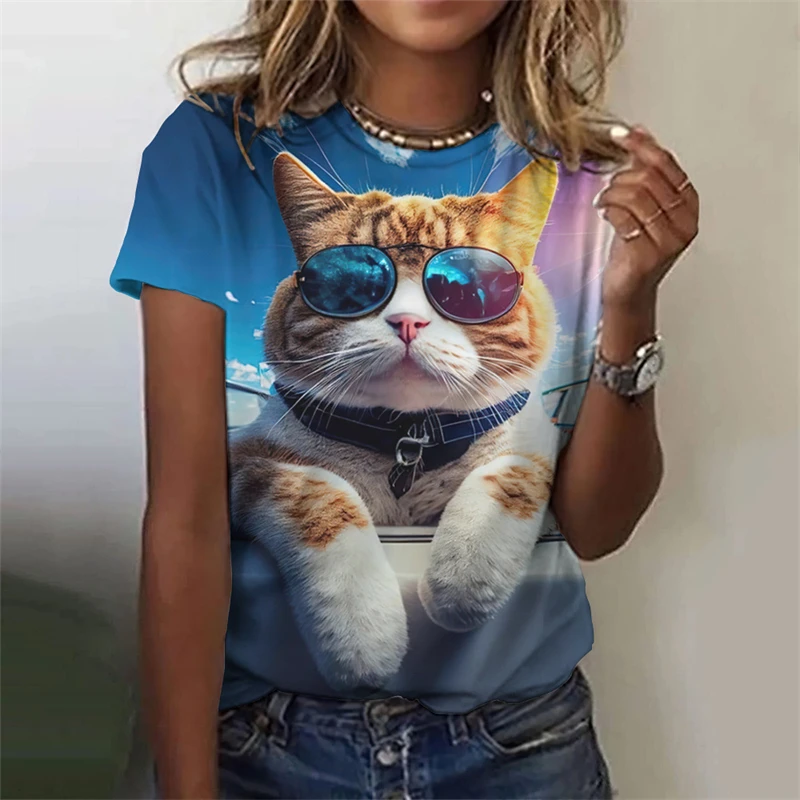 Fashion Womens T-shirt 3D Cats Print Tees Tops Harujuku Animal T Shirt Female Clothing Oversized Summer Top 2024 Women\'s T-shirt