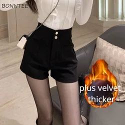 Plus Velvet Thicker Shorts Women Korean Style All-match Sexy Kpop High Waist Autumn Winter Club Streetwear Fashion Solid Buttons