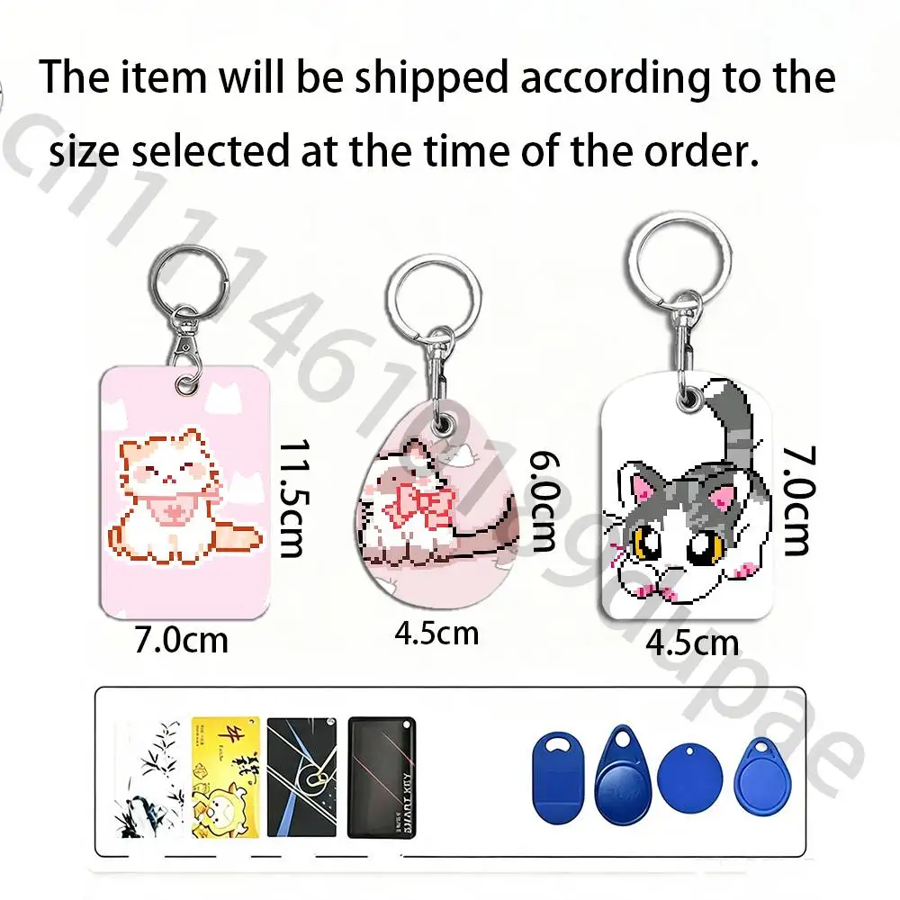 Cute Pixel kitten Protective Printed Leather Card Case Metal Keychain Accessory