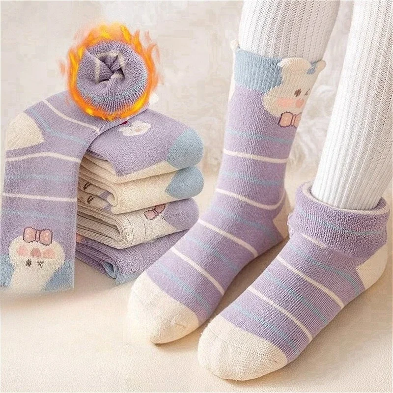 Winter New Plush 5 Pairs Children Socks Cartoon Cute Socks Girls Warm Autumn Winter Purple Mid Tube Sock Kids