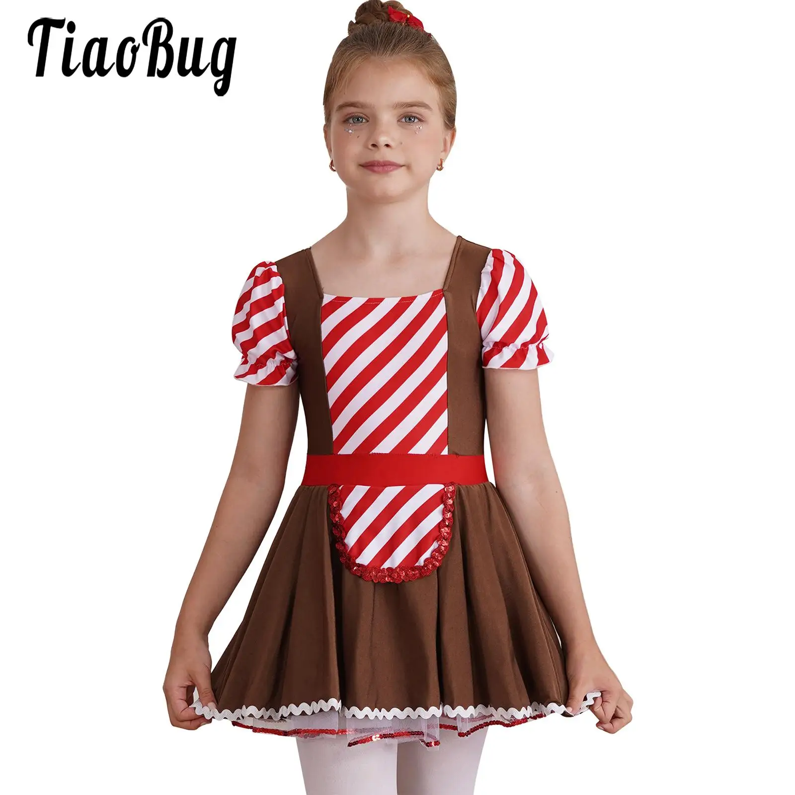 

Girls Brown Gingerbread Man Christmas Costume Xmas Holiday Tutu Dress Short Sleeve Halloween Cosplay Party Cookie Dress Up