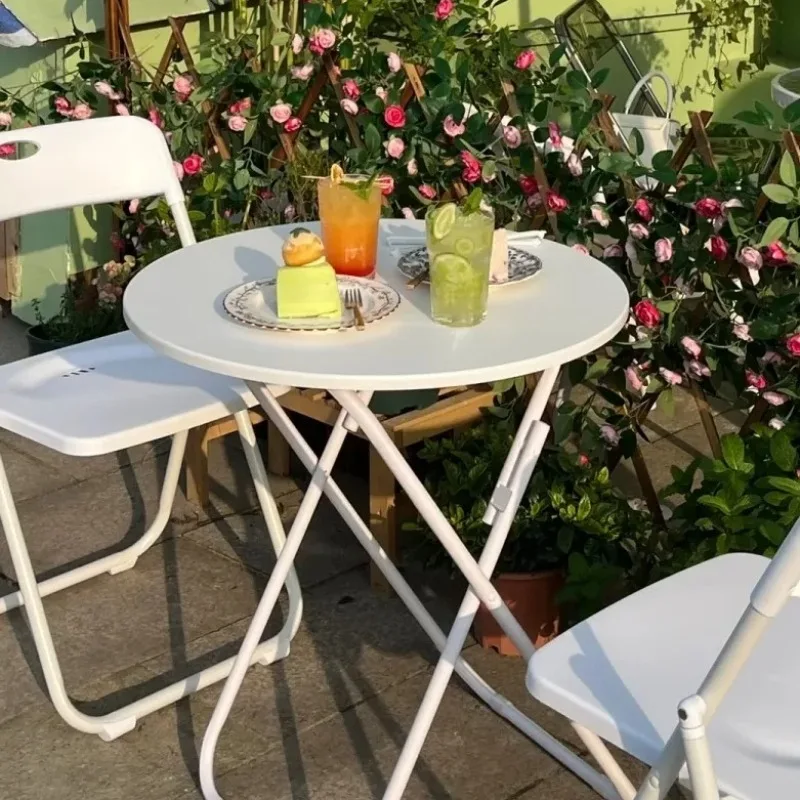 Minimalist round Portable Folding Table with Chairs Set for Cafe Milk Tea Shop - Leisure Discussion Dining Table Set