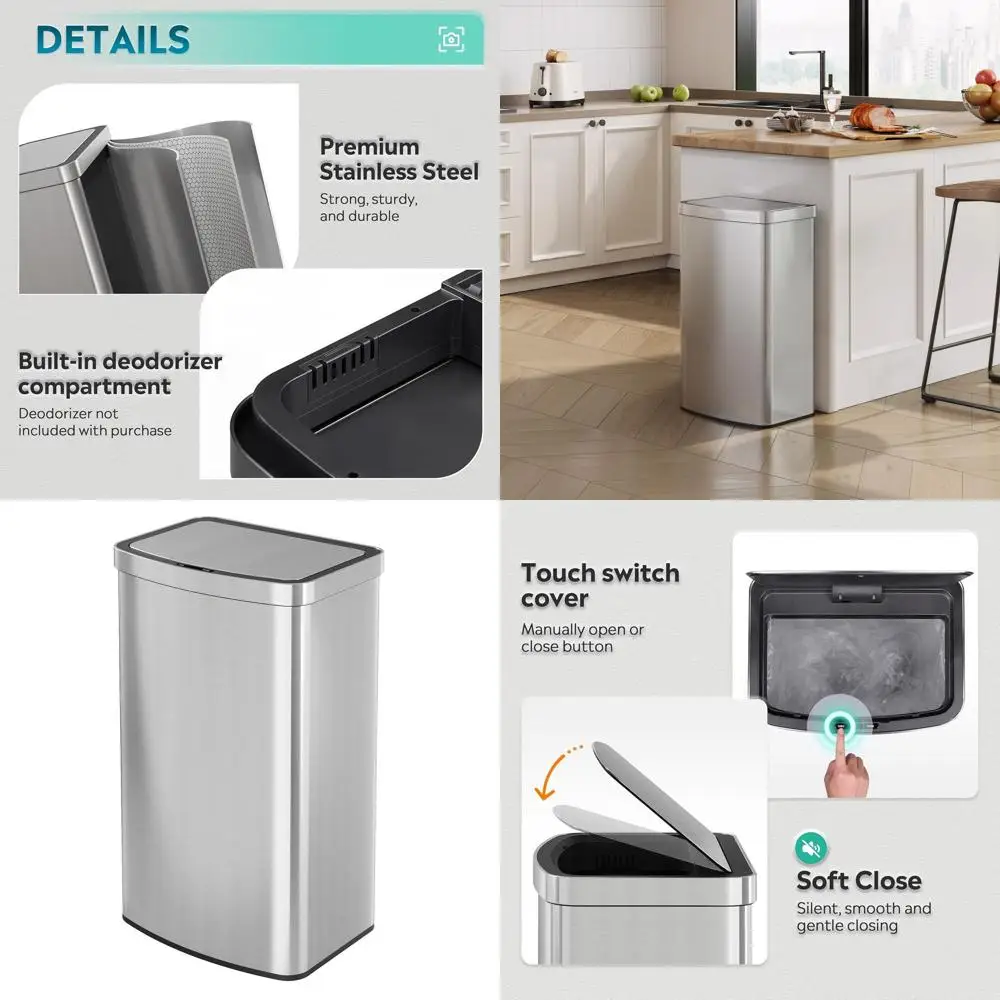 

60L Stainless Steel Automatic Touchless Trash Can with Soft Close Lid for Kitchen or Home Office, Silver