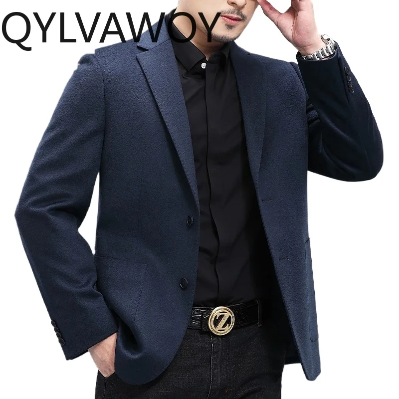 

QYLVAWOY 100% кашемир, осенне-зимний пиджак с грудью, мужская стильная шерстяная верхняя одежда, облегающий деловой универсальный костюм LJ2179