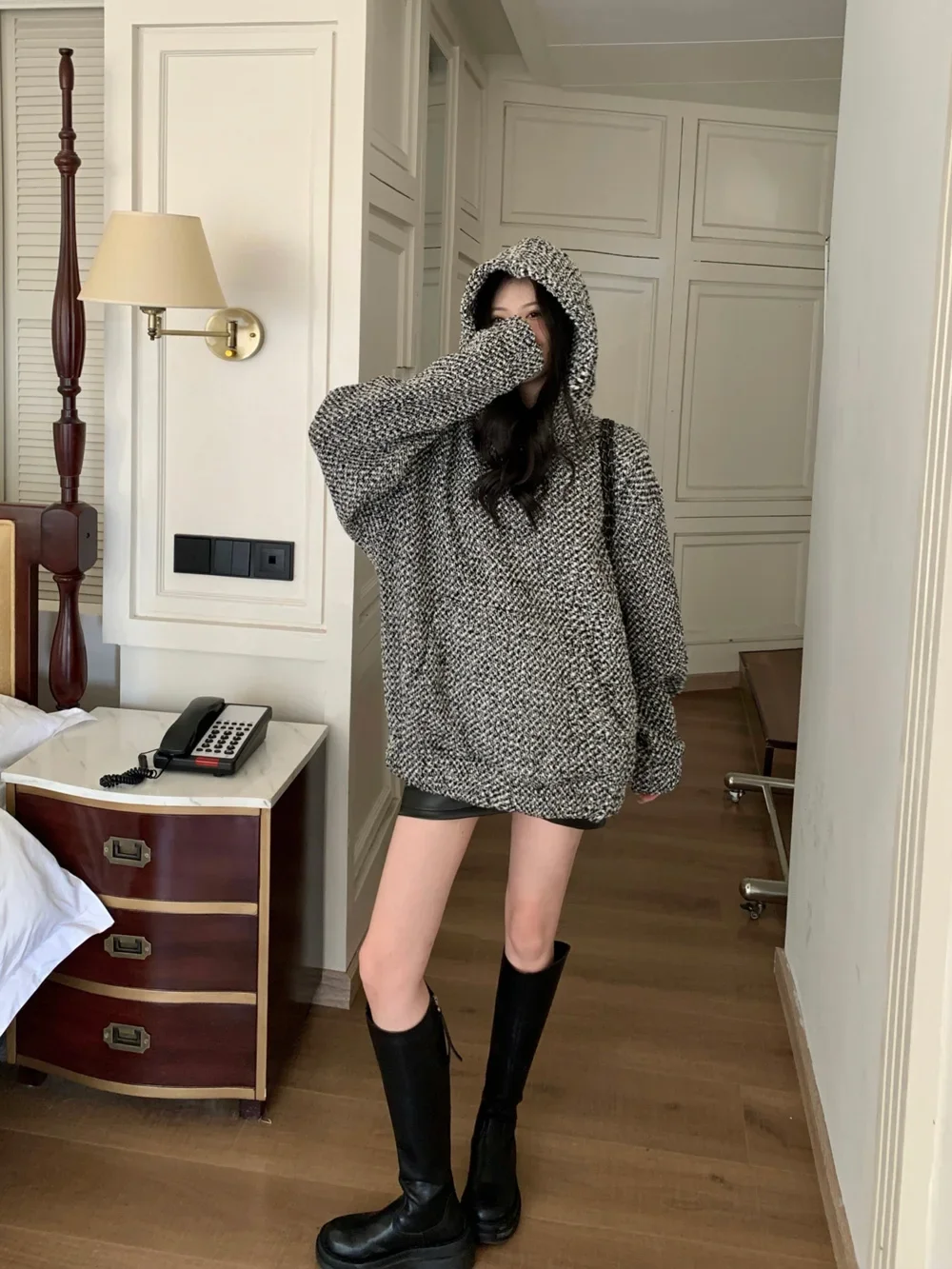 Retro casual women\'s elegant hooded thickened hooded couple autumn and winter heavy tweed y2k ins pullover top