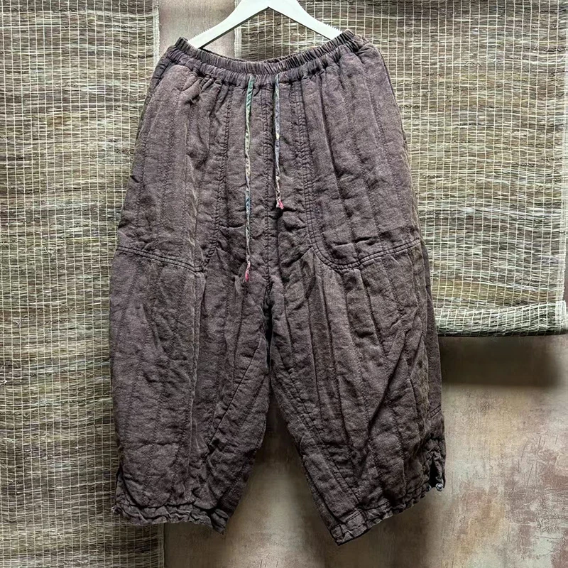 Outono inverno artes estilo feminino cintura elástica solta tornozelo comprimento calças de alta qualidade engrossar algodão linho vintage harem calças