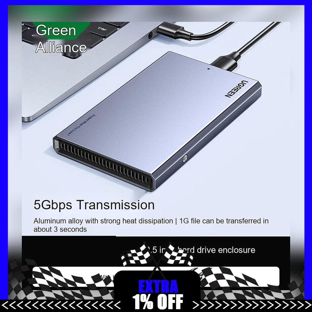 UGREEN 90617 CM587 Aluminum 2.5 Inch SATA HDD Enclosure USB 3.0 5Gbps External SSD Hard Drive Case
