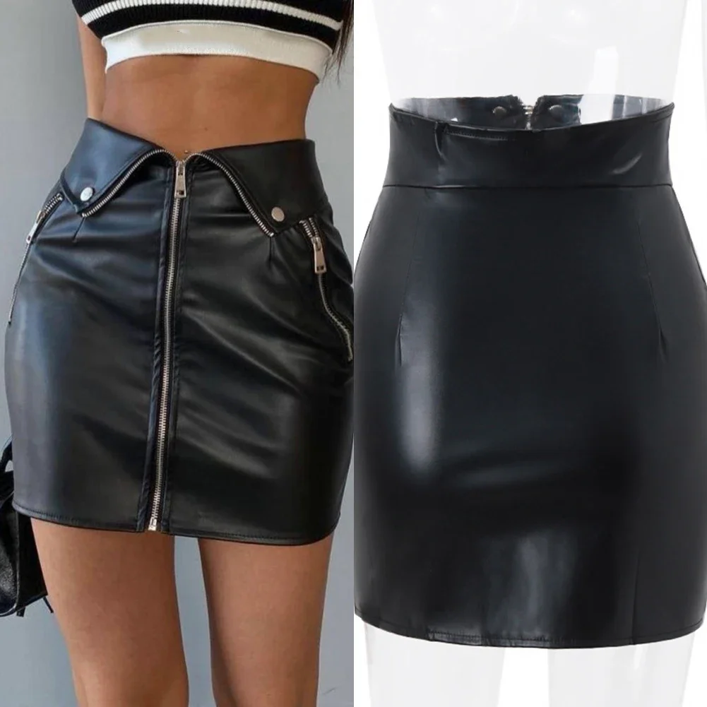 

Women A-Line Short Skirt Ladies Black Plain Sexy Pu Leather Slim Fit Hip Lift Skirts Casual Fashion Clubwear
