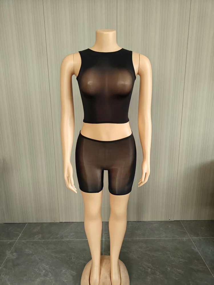 Damen 2-teiliges Mesh-Outfit, ärmelloses, durchsichtiges Crop-Top + Shorts-Set, sexy, durchsichtige, ärmellose, figurbetonte Clubwear, passende Sets – Detail 8