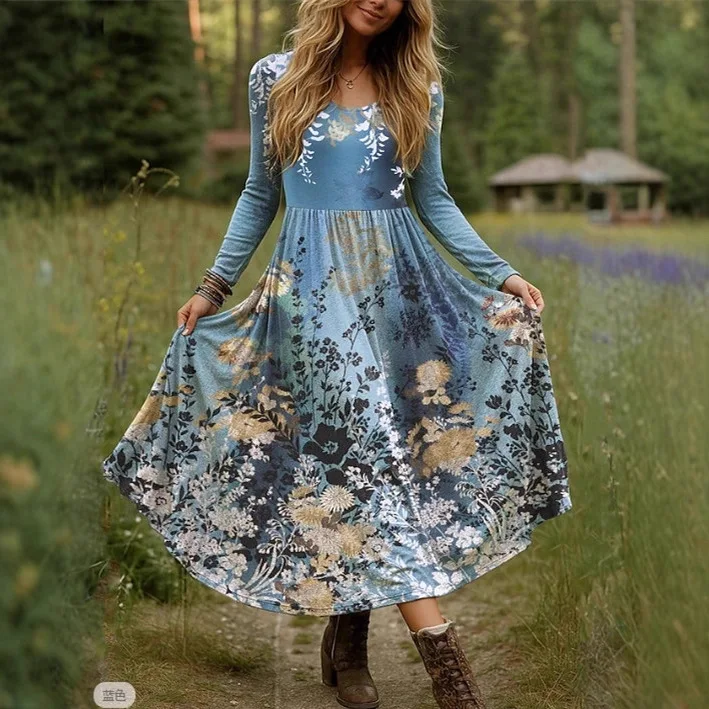 

Spring Women's Dresses Long Sleeves Comfortable O-Neck Floral Print Fashion Pastoral Casual High Waist Autumn Female Long Dress