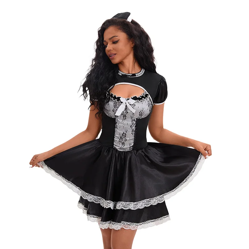 

Maid Exotic Costume Women Black Lace Maid Dress Short Leaky Nanny Coveralls Sexy Waistline Corset Dress with Headwear