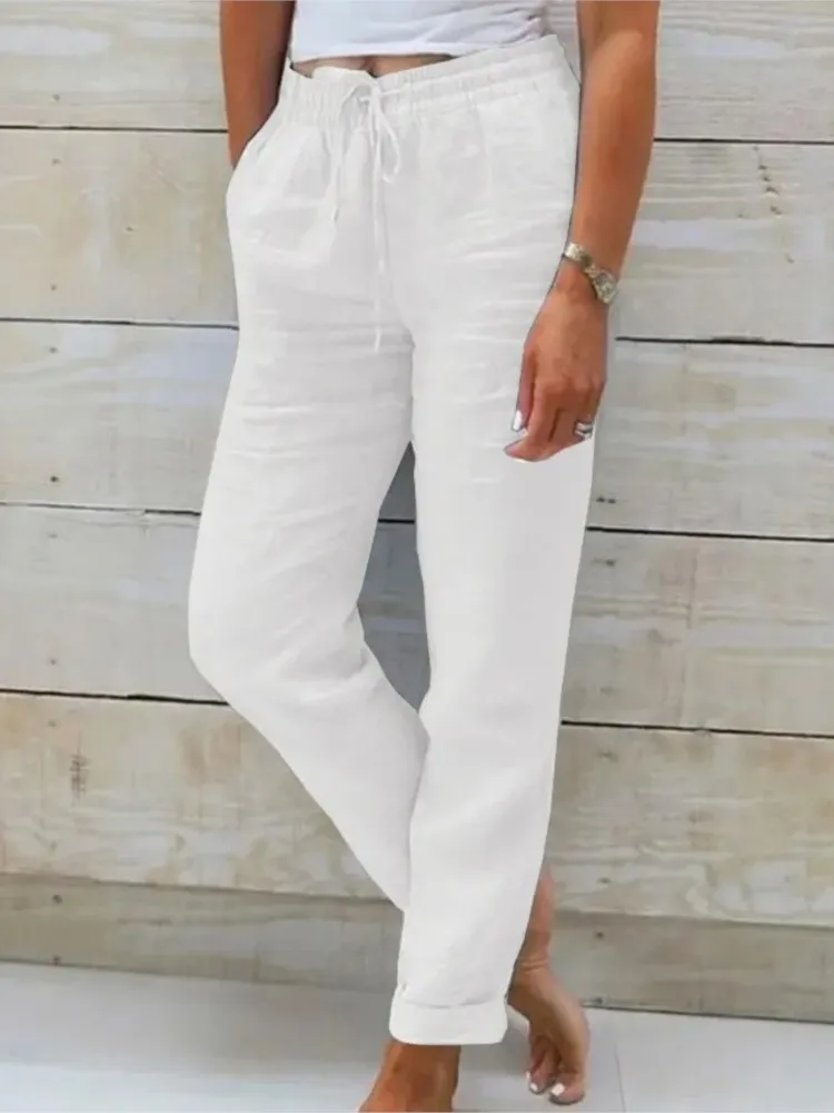 Women\'s High Waist Solid Color Cotton Linen Casual Pants Fashion Summer Female Holiday Casual Long Pant New 2024