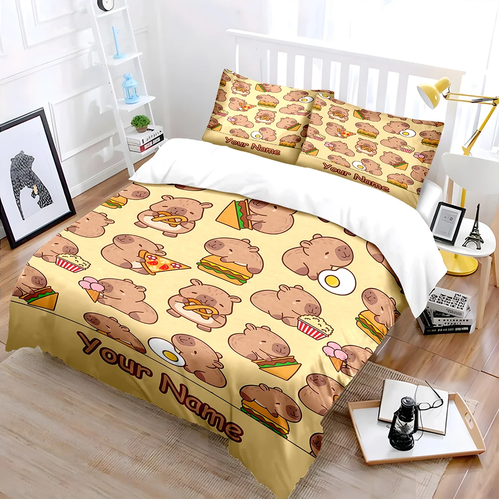 

3 шт., пододеяльник с индивидуальным именем, мультяшный принт капибары, 1 пододеяльник, 2 наволочки, комплект постельного белья для взрослых и детей, роскошный комплект постельного белья