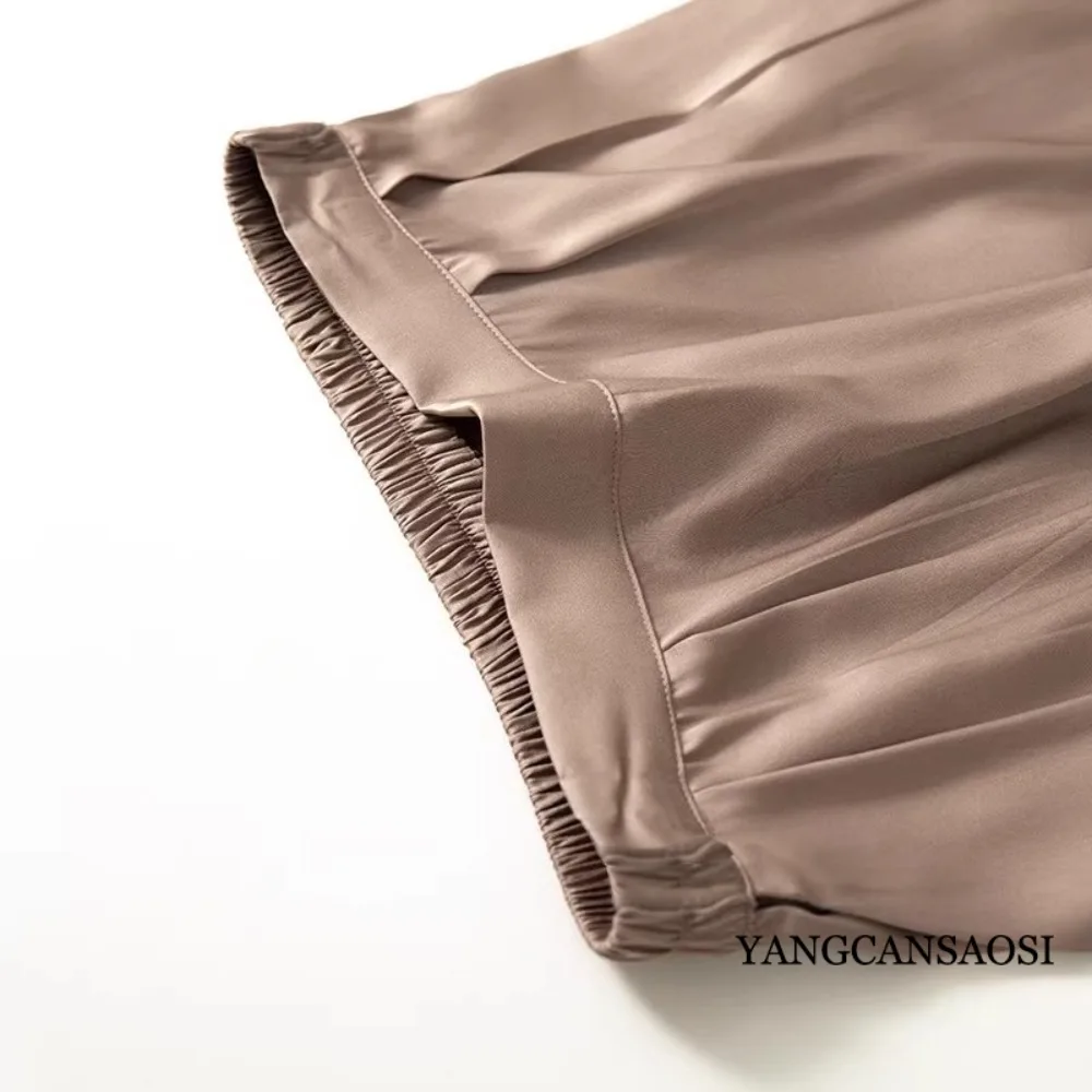 Women's Clothing Light Luxury High-end 95% Natural Mulberry Silk Elastic Satin Pocket Design Elastic Waist Straight Leg Pants