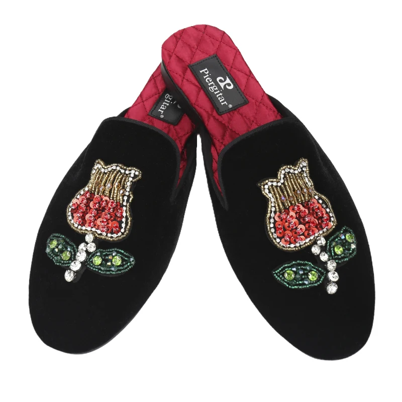 Piergitar Summer Edition Black Premium Velvet Men's Mules With Rhinestones and Sequins Embroidery Italian Retro-Style Slippers