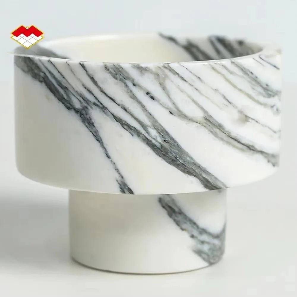 Deluxe two-layer panda white marble candle holder with natural white marble and black patterned stone candle cup
