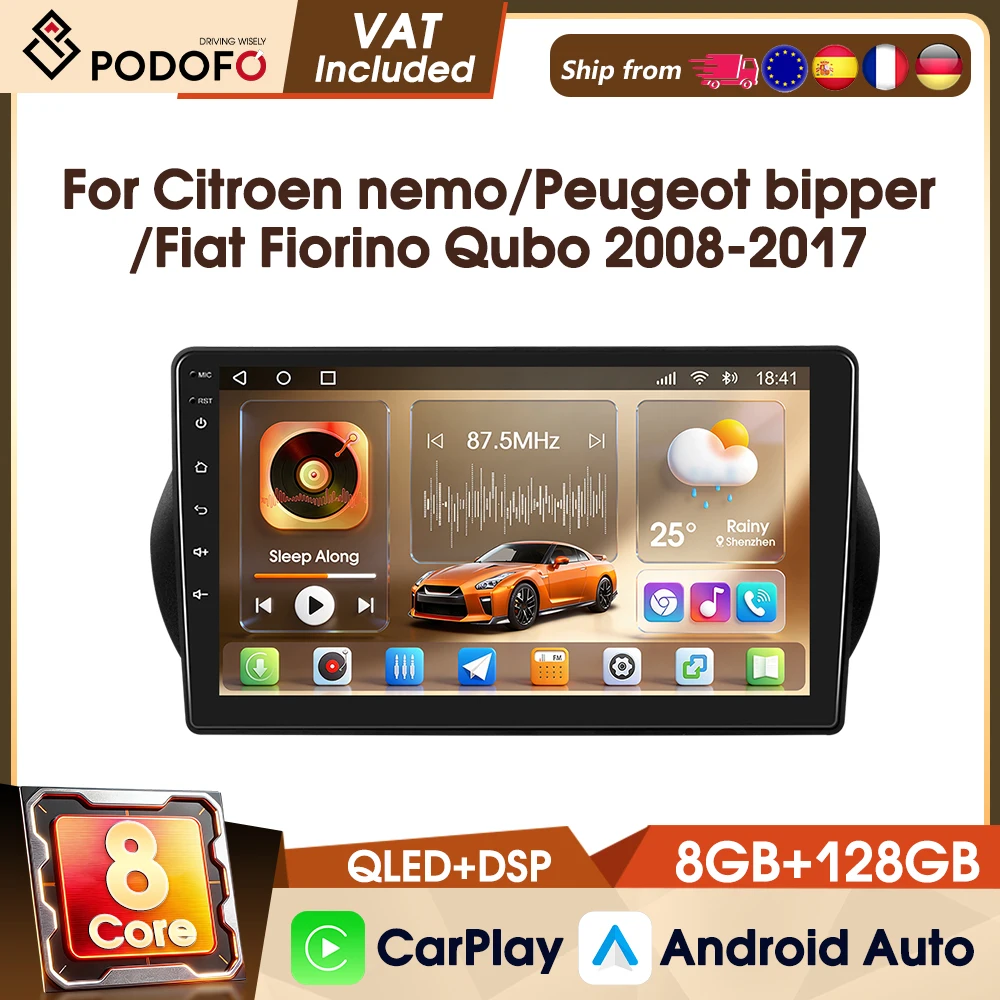 Autoradio intelligent Podofo 10.1" 4G pour Citroën Nemo/Peugeot Bipper/Fiat Fiorino Qubo 2008-2017, 8 cœurs, 8+128 Go