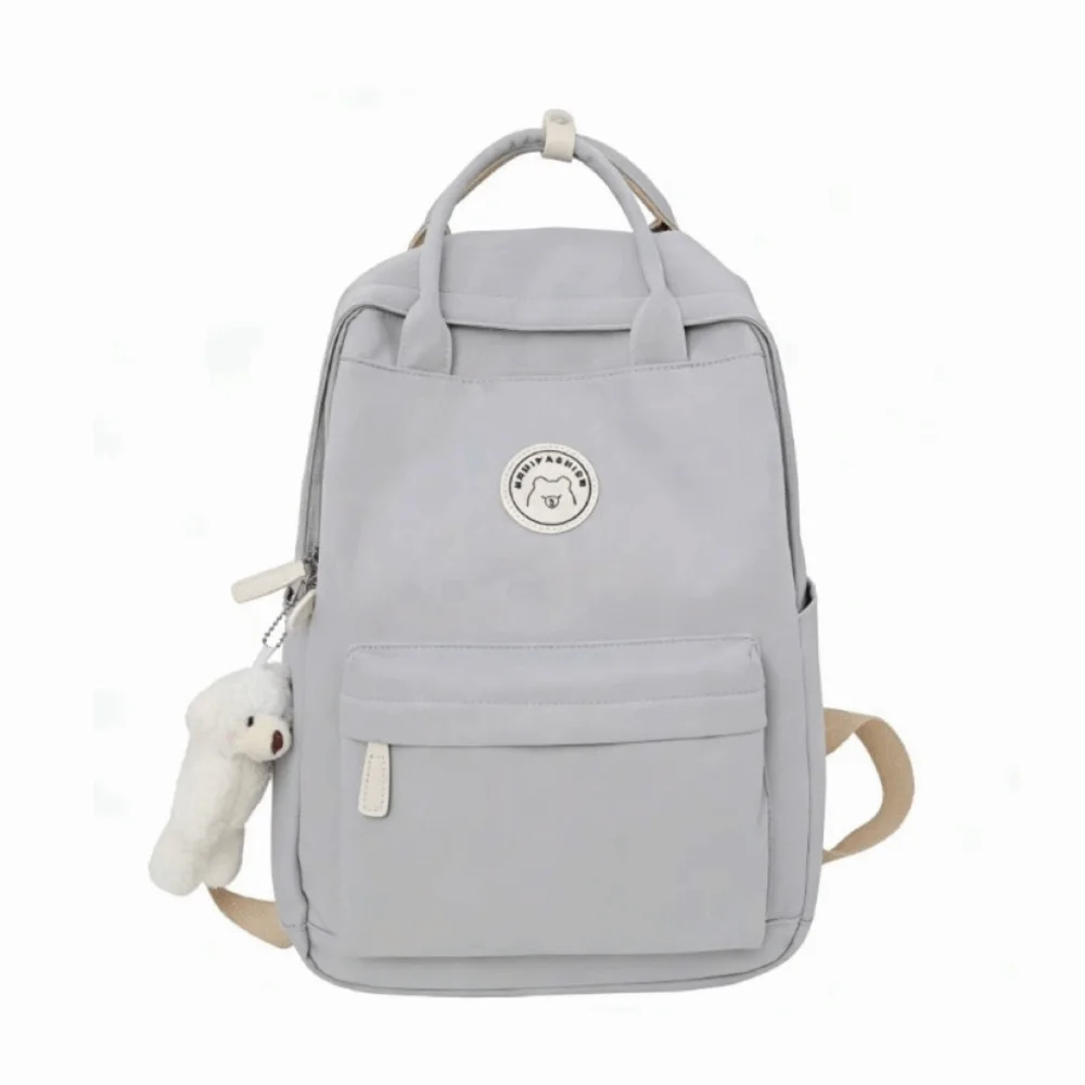 Solid Large Capacity Student Backpack Zipper Nylon Academy Girl's School Bag Spacious Multi-Pocket Plush Pendant Teens Rucksack