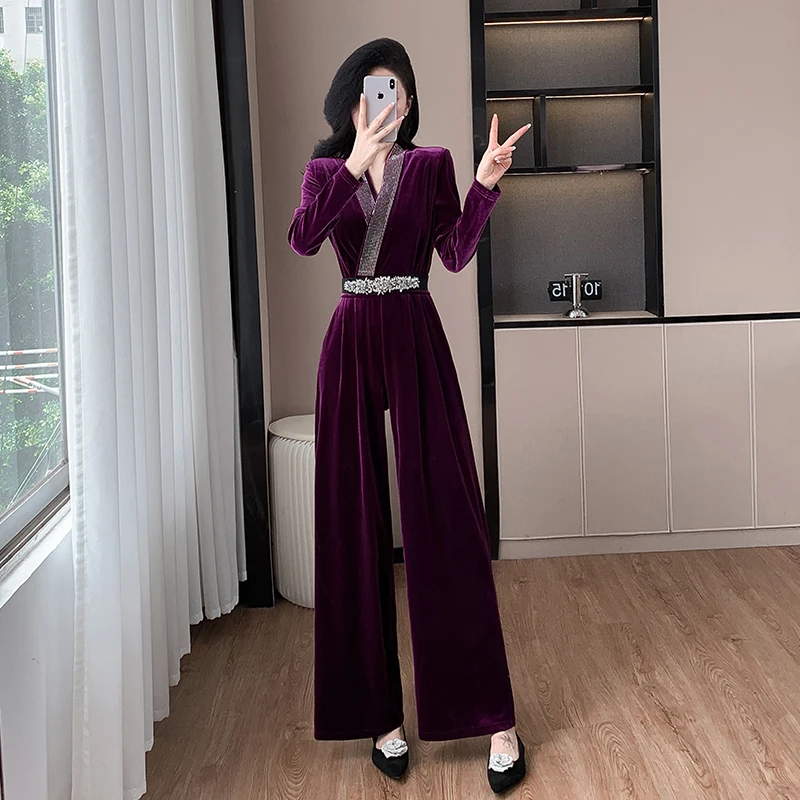 New Fashion Purple Velvet Party Jumpsuits High Quality Women V Neck Diamonds Long Sleeve Wide Leg Beaded Belt Romper Jumpsuits