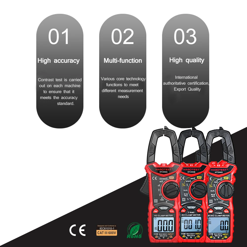 NEW HABOTEST HT206A Auto Range Multimeter Voltmeter Ammeter Ohmmeter  Voltage Current Diode Resistance Digital Clamp Meter