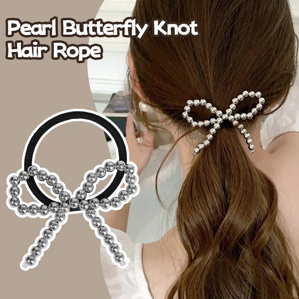 2 Pcs Sweet Pearl Butterfly Rhinestone Hair Rope with High Elasticity Durable Hair Accessories for Women Practical Accessories