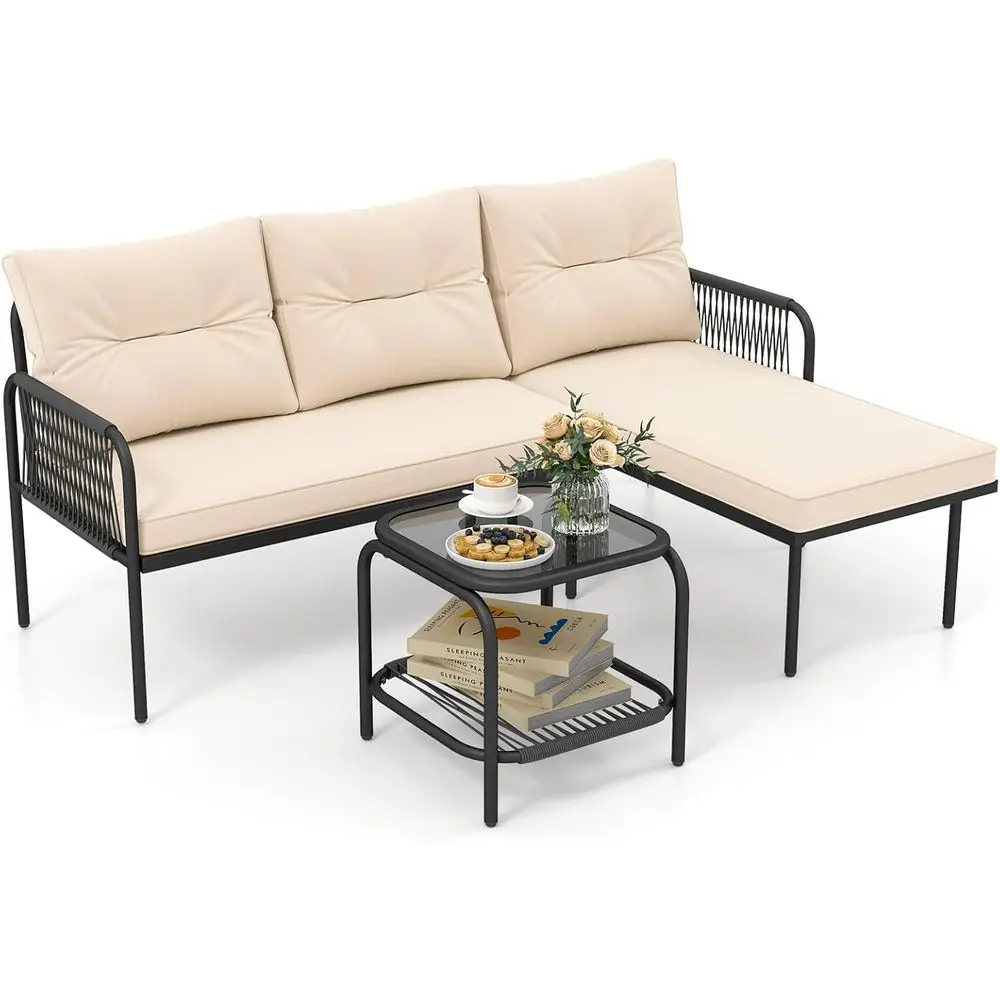 

3-Piece L-Shaped Outdoor Patio Sectional with Cushions and Tempered Glass Top