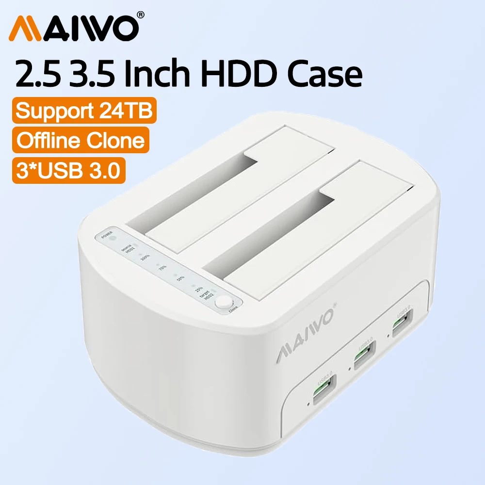 MAIWO 2.5 3.5 Inch SATA HDD SSD Case Dual Bay Hard Drive Docking Station with Offline Clone for 3X USB 3.0 Hub Extension Adapter