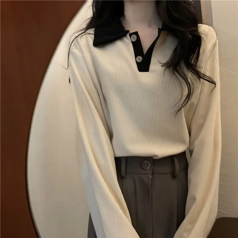 Autumn Color Blocking Plush Thickening Top Women Interior Lapping New Long Sleeve Personality Polo Collar All-match Sweaters