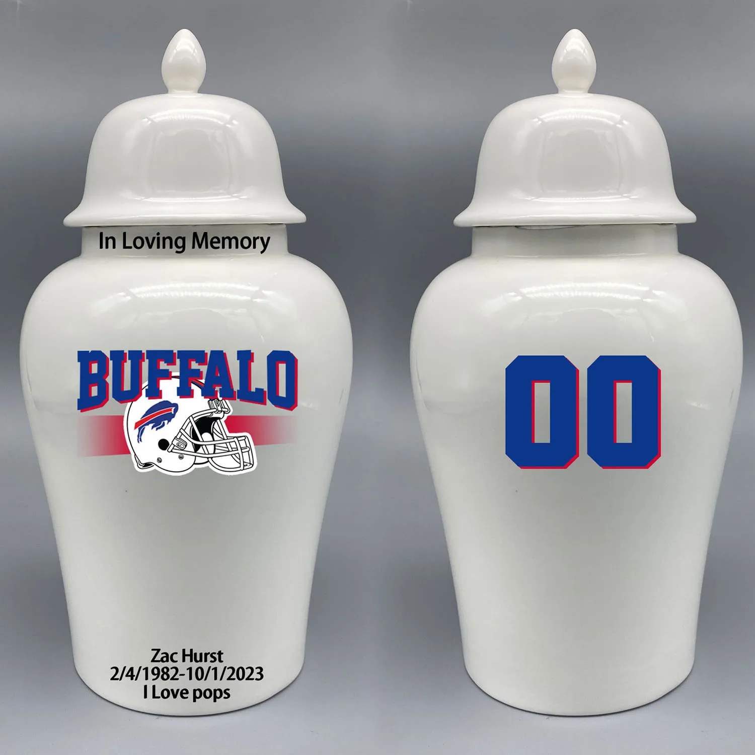 

Large Urn for Buffalo Bills-themed Logo Urn.Please send me the customize information-name/date and number on the urn