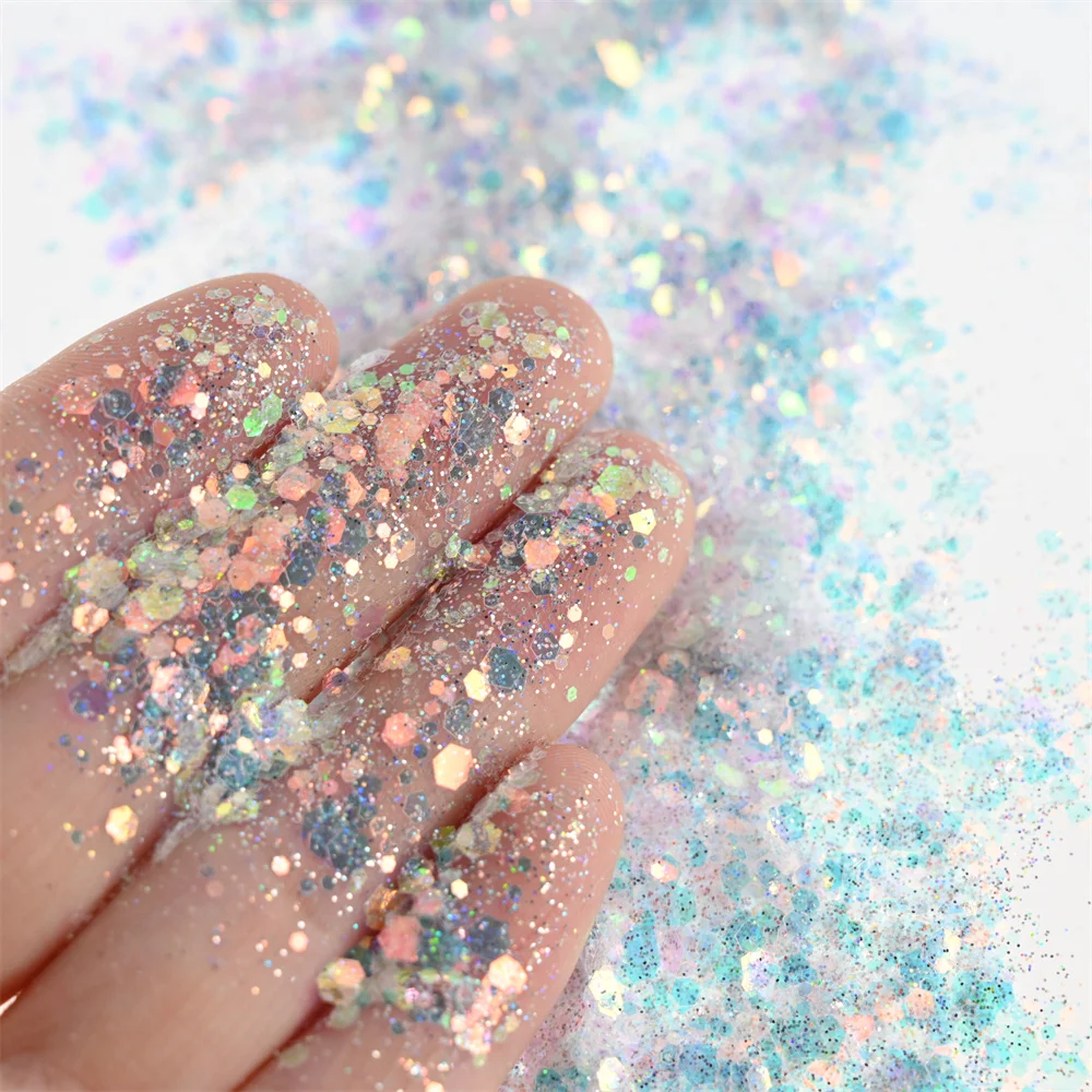 1 Bottle Fairy Pupil Nail Sequins Net-10g Holographic Chunky Glitter Laser Mixed Hexagon Shape Sparkly Paillette Glitter Flakes