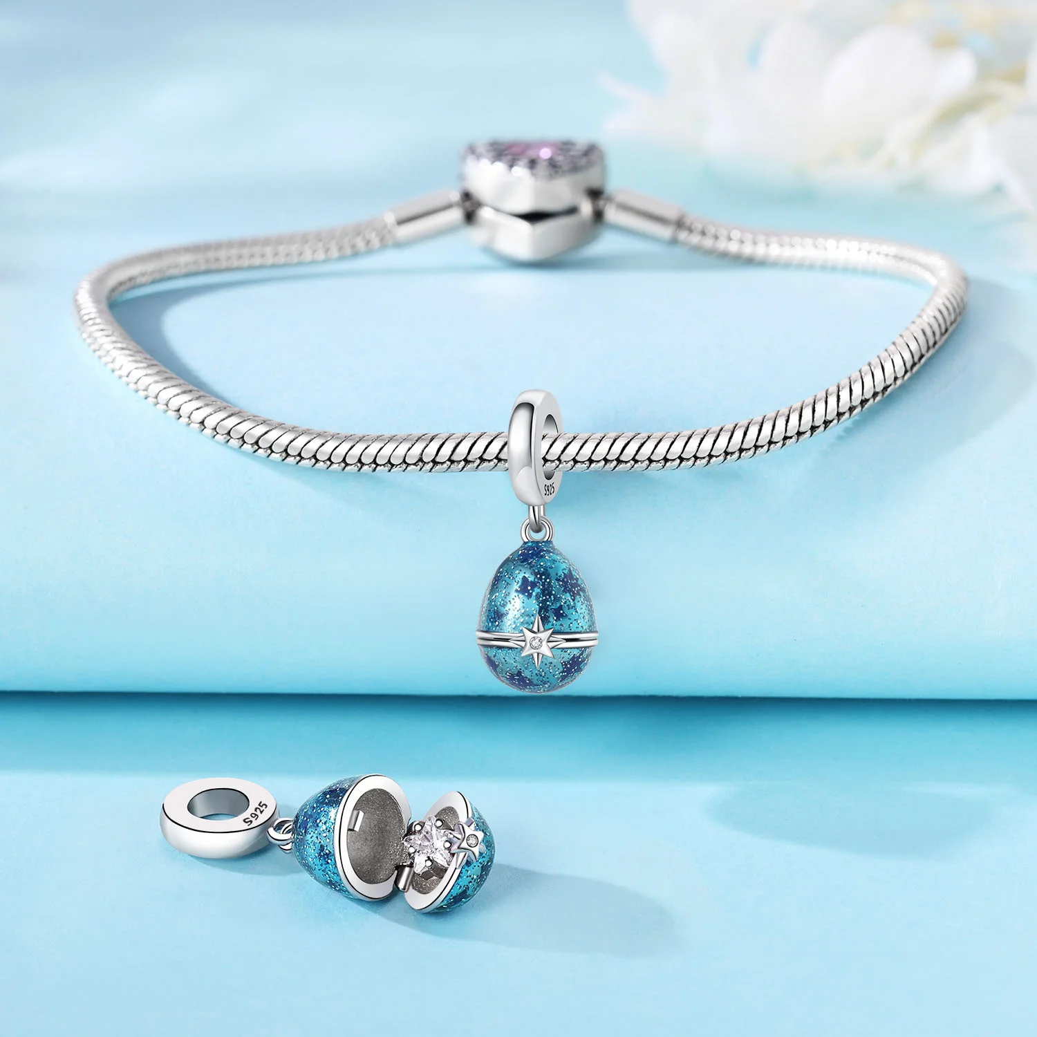 925 Sterling Silver Blue Star Easter Egg Pendants Bracelet Charms Fit Women Jewelry Party Beads DIY Fine Gifts Accessories