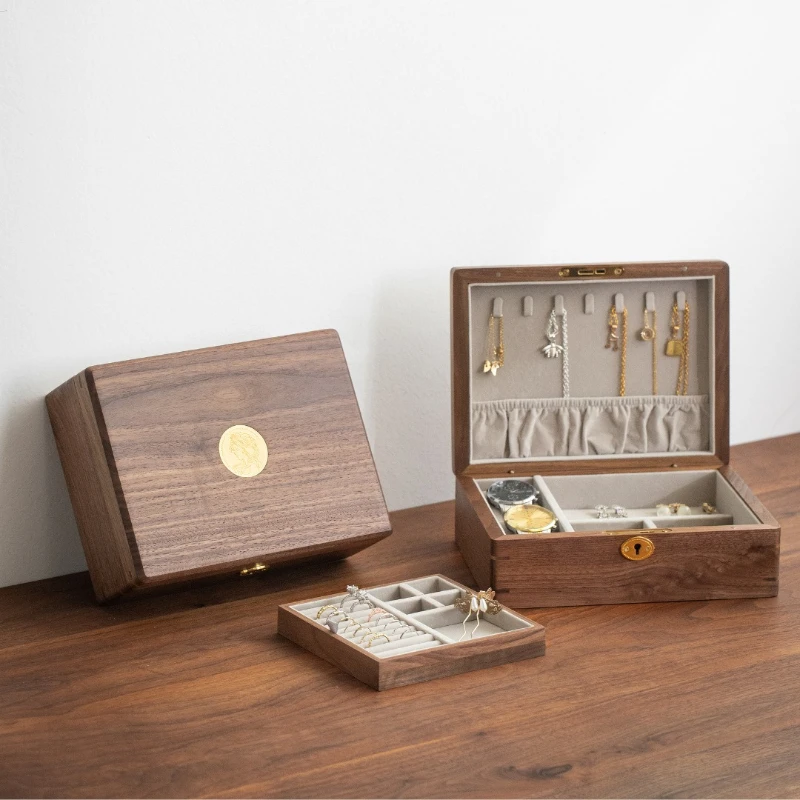 Lockable Jewelry Box Solid Wood Jewelry Cases Ring Necklace Bracelet Storage Case Vintage Multifunctional Watch Organizer Boxes