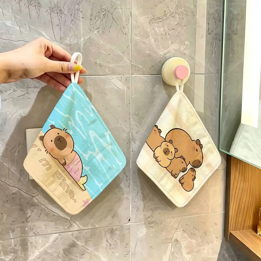 Cute Capybara Cartoon Hanging Kitchen Towel, Polyester Cotton Material, Multipurpose Hand Wiping Towel for Family