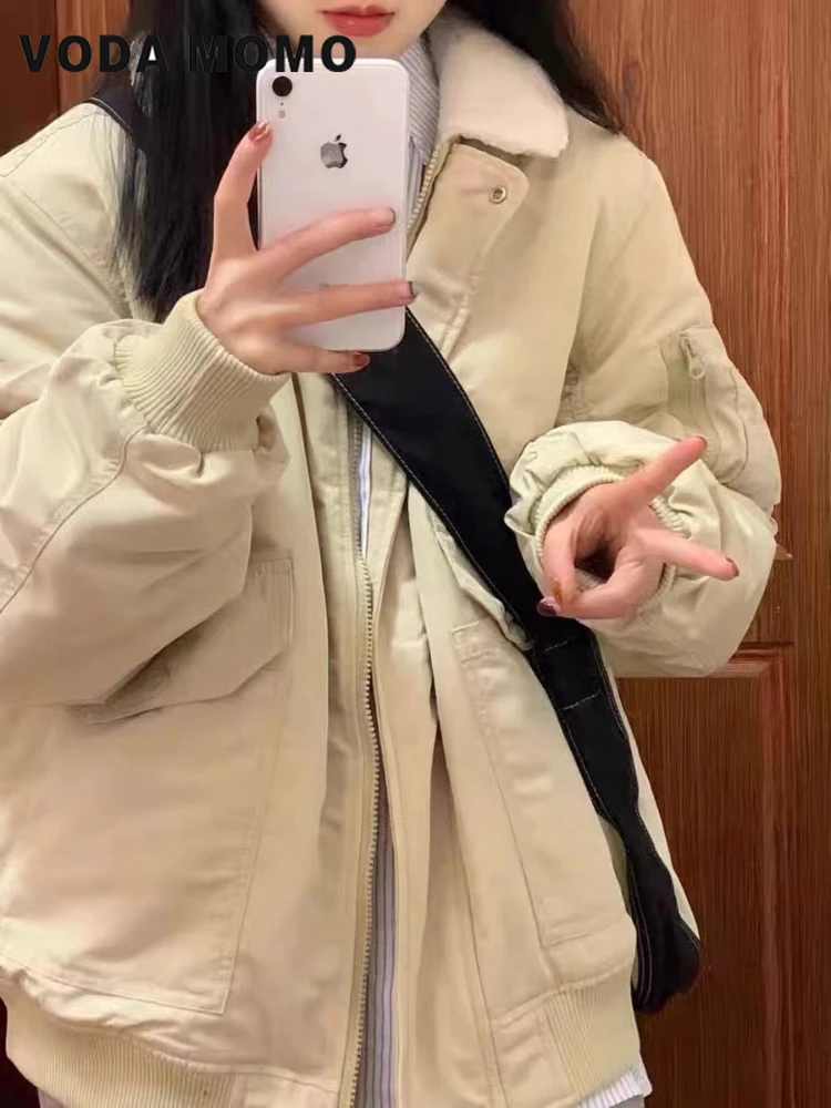 Korean Long Sleeve Coats Lambswool Ins Zippers Warm Parkas Women Winter Furred Collar Plus Velvet Thickening Loose All-match
