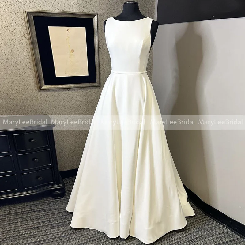 Vestido de novia clásico elegante con escote de Joya, crepé marfil, moda coreana, espalda abierta con botones, Vestidos largos